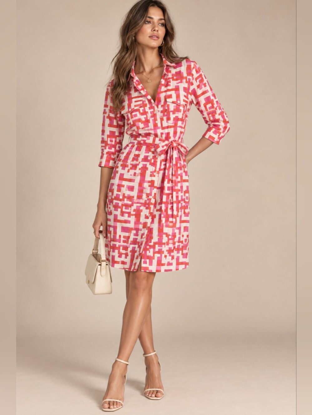 J Mclaughlin Brynn Geometric Button Front Belted Dress Size Small